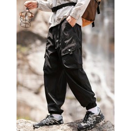 Men's Casual Nylon Cargo Pants with Multiple Pockets - Loose Fit, Solid Color for Spring/Fall