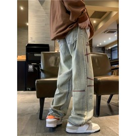 Men's Vintage Denim Jeans, Casual Streetwear Straight Leg Loose Pants For Outdoor Spring Fall