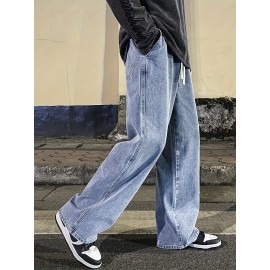 Men's Fashion Solid Loose Fit Straight Leg Jeans, Casual Street Style Denim Pants For Casual Daily Wear