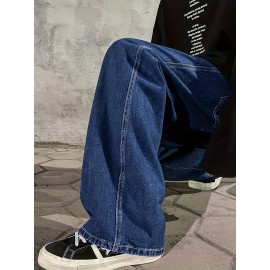 Men's Fashion Solid Loose Fit Straight Leg Jeans, Casual Street Style Denim Pants For Casual Daily Wear