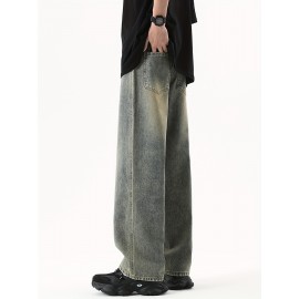 Men's Street Style Wide Leg Denim Jeans, Casual Drawstring Pants, Hip-Hop Loose Fit Jeans