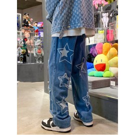 Vintage Men's Korean Denim Pants Y2K Cltohes Streetwear Printed Patchwork Male Baggy Jeans Straight Trousers