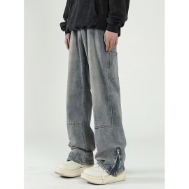 Men's Solid Denim Barrel Pants With Pockets, Vintage Style Cotton Blend Split Jeans For Spring Fall Outdoor Activities