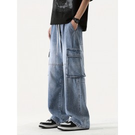 Men's Loose Gradient Color Denim Trousers With Pockets, Causal Drawstring Cotton Blend Jeans For Outdoor Activities