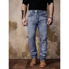 ESDVQ Men's Vintage-Inspired Embroidered Stretch Jeans - Slim Fit, Cotton Blend Denim with Pockets