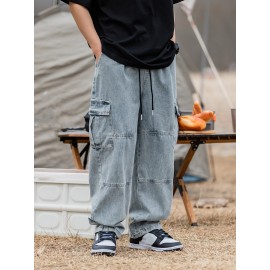 Men's Casual Loose-Fit Jeans with Unique 3D Pocket Design - Cotton Blend, Non-Stretch Denim for Spring/Fall