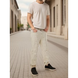 Men's Slim-Fit Stretch Cotton Jeans - Classic White, All-Season Casual Denim with Ripped Detail