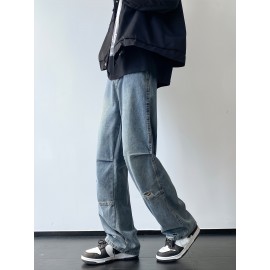 Men'S Casual Denim Jeans with Ripped Details, Mid Waist Regular Fit Non-Stretch Solid Color Jeans with Pockets, Zipper Fly All-Season Cotton Blend Denim for Outdoor Weekend Activities