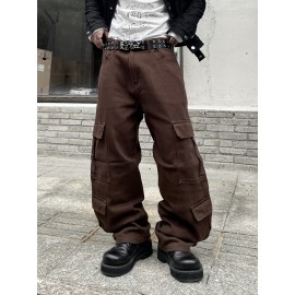 1pc Men'S Casual Loose Fit Cotton Jeans with Multiple Pockets, All-Season Solid Color Woven Denim, Regular Length Workwear Style Pants