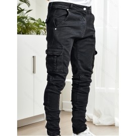 Men's Casual Flap Pocket Skinny Jeans, Chic Street Style Medium Stretch Denim Pants