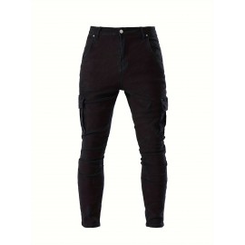 Men's Casual Flap Pocket Skinny Jeans, Chic Street Style Medium Stretch Denim Pants