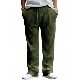Men's Casual Drawstring Pants - Mid-Waist, Straight Leg, Solid Color Ribbed Design, Polyester Blend, Machine Washable
