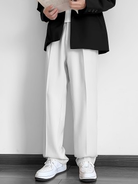 Men's Casual Fashion Pants, Versatile Solid Color, Polyester Fabric, Cropped Length