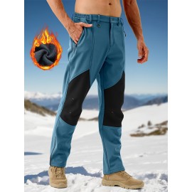 1pc ZUTY Men'S Fleece-Lined Waterproof Ski Pants, Softshell Color Block Sports Style with Zipper, Slight Stretch Polyester, Regular Fit for Snowboarding, Hiking - Woven Outdoor Trousers