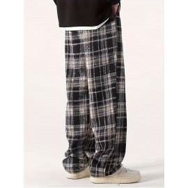 Men's Loose Fit Plaid Trousers, Breathable Comfort, Drawstring & Pockets