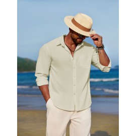 Men'S Polyester Chambray Casual Dress Shirt, Sexy Lapel Collar, Long Sleeve, Solid Color, Slight Stretch Fabric, with Front Slit Hem, Single Breasted Placket, for All-Season Party Wear