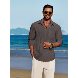 Men'S Polyester Chambray Casual Dress Shirt, Sexy Lapel Collar, Long Sleeve, Solid Color, Slight Stretch Fabric, with Front Slit Hem, Single Breasted Placket, for All-Season Party Wear