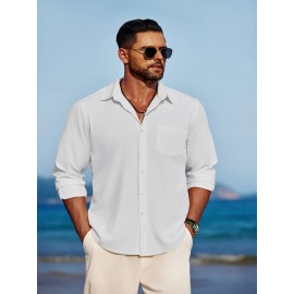 Men'S Polyester Chambray Casual Dress Shirt, Sexy Lapel Collar, Long Sleeve, Solid Color, Slight Stretch Fabric, with Front Slit Hem, Single Breasted Placket, for All-Season Party Wear