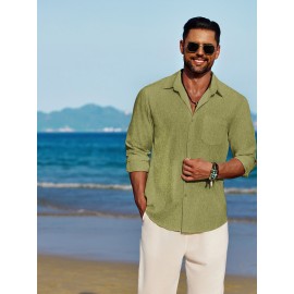 Men'S Polyester Chambray Casual Dress Shirt, Sexy Lapel Collar, Long Sleeve, Solid Color, Slight Stretch Fabric, with Front Slit Hem, Single Breasted Placket, for All-Season Party Wear