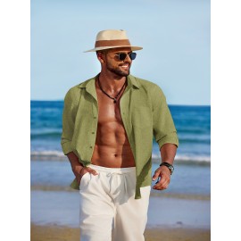 Men'S Polyester Chambray Casual Dress Shirt, Sexy Lapel Collar, Long Sleeve, Solid Color, Slight Stretch Fabric, with Front Slit Hem, Single Breasted Placket, for All-Season Party Wear