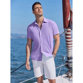 Men's Casual Button-Down Beach Shirt - Short Sleeve, Stretch Fabric, Summer Tropical Top with Turquoise Collar