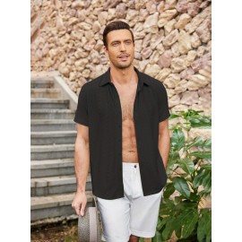 Men's Casual Button-Down Beach Shirt - Short Sleeve, Stretch Fabric, Summer Tropical Top with Turquoise Collar