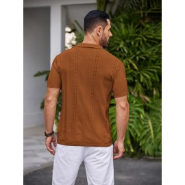 Men'S Summer Casual Knit Button-Down Lapel Shirts - Regular Fit, Slight Stretch Fabric, Solid Color Short Sleeve Casual Shirt with Button Detail