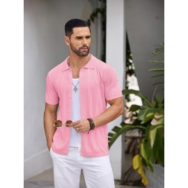 Men'S Summer Casual Knit Button-Down Lapel Shirts - Regular Fit, Slight Stretch Fabric, Solid Color Short Sleeve Casual Shirt with Button Detail
