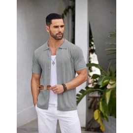 Men'S Summer Casual Knit Button-Down Lapel Shirts - Regular Fit, Slight Stretch Fabric, Solid Color Short Sleeve Casual Shirt with Button Detail