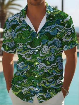 Men's Novelty Geometric Print Button-Up Shirt - Casual, Breathable Polyester, Machine Washable