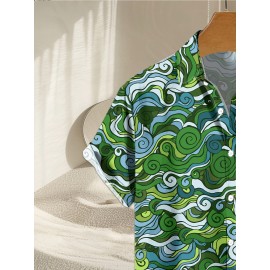 Men's Novelty Geometric Print Button-Up Shirt - Casual, Breathable Polyester, Machine Washable