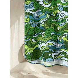 Men's Novelty Geometric Print Button-Up Shirt - Casual, Breathable Polyester, Machine Washable