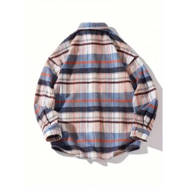 Color Block Plaid Men's Retro Long Sleeve Button Down Shirt With Chest Pockets, Spring Fall Casual Outdoor Loose Shirt