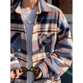 Color Block Plaid Men's Retro Long Sleeve Button Down Shirt With Chest Pockets, Spring Fall Casual Outdoor Loose Shirt