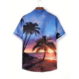 Beach Sunset Pattern 3D Printed Men's Fashion Short Sleeve Button Up Lapel Hawaiian Style Shirt For Summer Resort Vacation