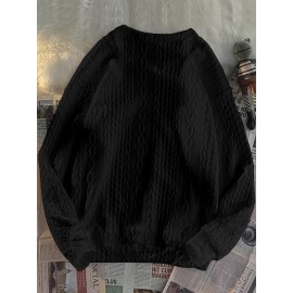 Trendy Cable Sweatshirt, Men's Casual Solid Crew Neck Sweatshirt For Men Fall Winter