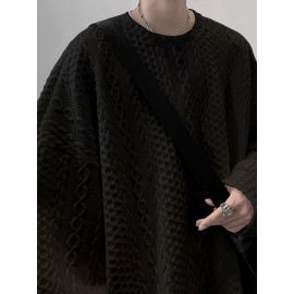 Trendy Cable Sweatshirt, Men's Casual Solid Crew Neck Sweatshirt For Men Fall Winter