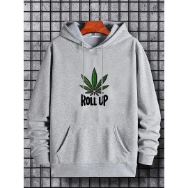Men's Polyester Hooded Sweatshirt with Geometric Leaf Applique, Sports Style Active Hoodie with Slight Stretch, Regular Fit Knit Fabric Pullover - Casual Hip Hop Streetwear