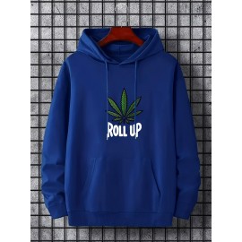 Men's Polyester Hooded Sweatshirt with Geometric Leaf Applique, Sports Style Active Hoodie with Slight Stretch, Regular Fit Knit Fabric Pullover - Casual Hip Hop Streetwear