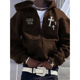 Men's Fashion Cross Print Long Sleeve Hoodie - Classic Zip-Up Design, Casual Style, Ideal For Fall And Winter